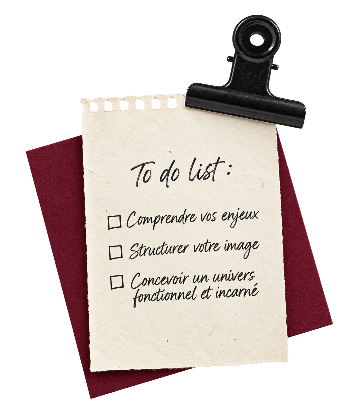 To do list : comprendre vos enjeux, structurer votre image, concevoir un univers fonctionnel et incarné.