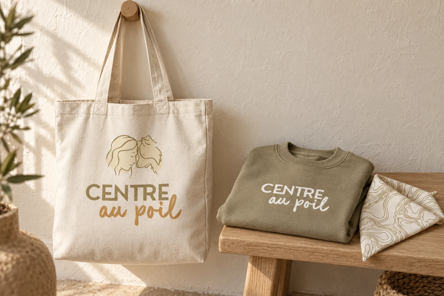 Tote bag et sweat portant l’identité du Centre au Poil