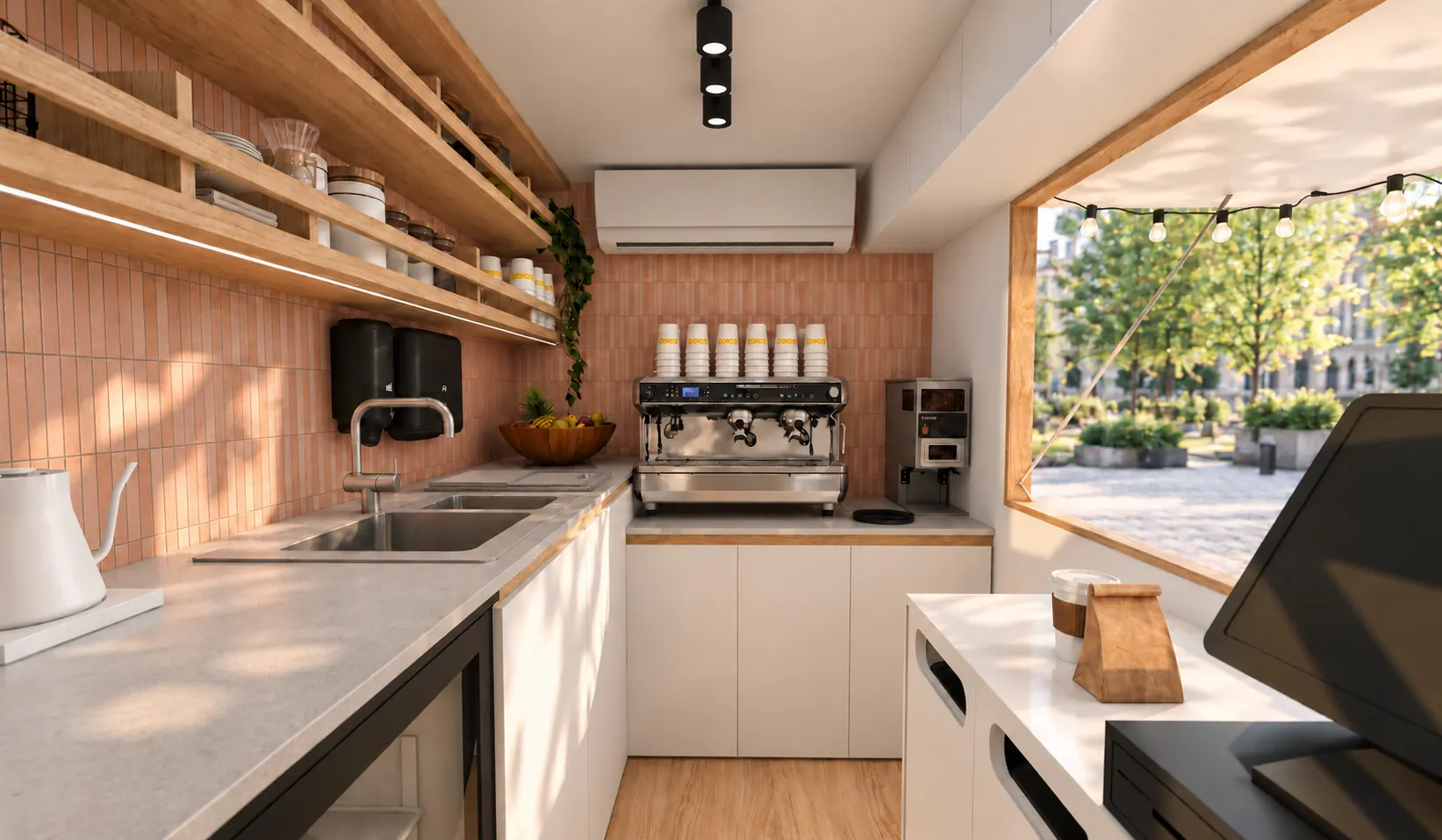 Projection 3D : Vue générale de l’aménagement intérieur du coffee truck Georgie