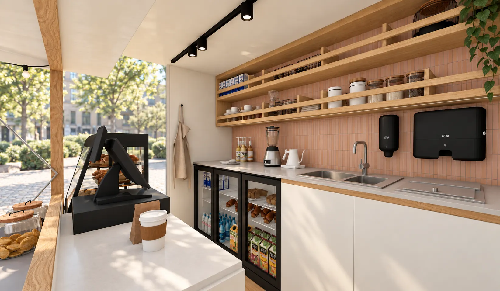 Projection 3D : Comptoir de service et rangements du coffee truck Georgie