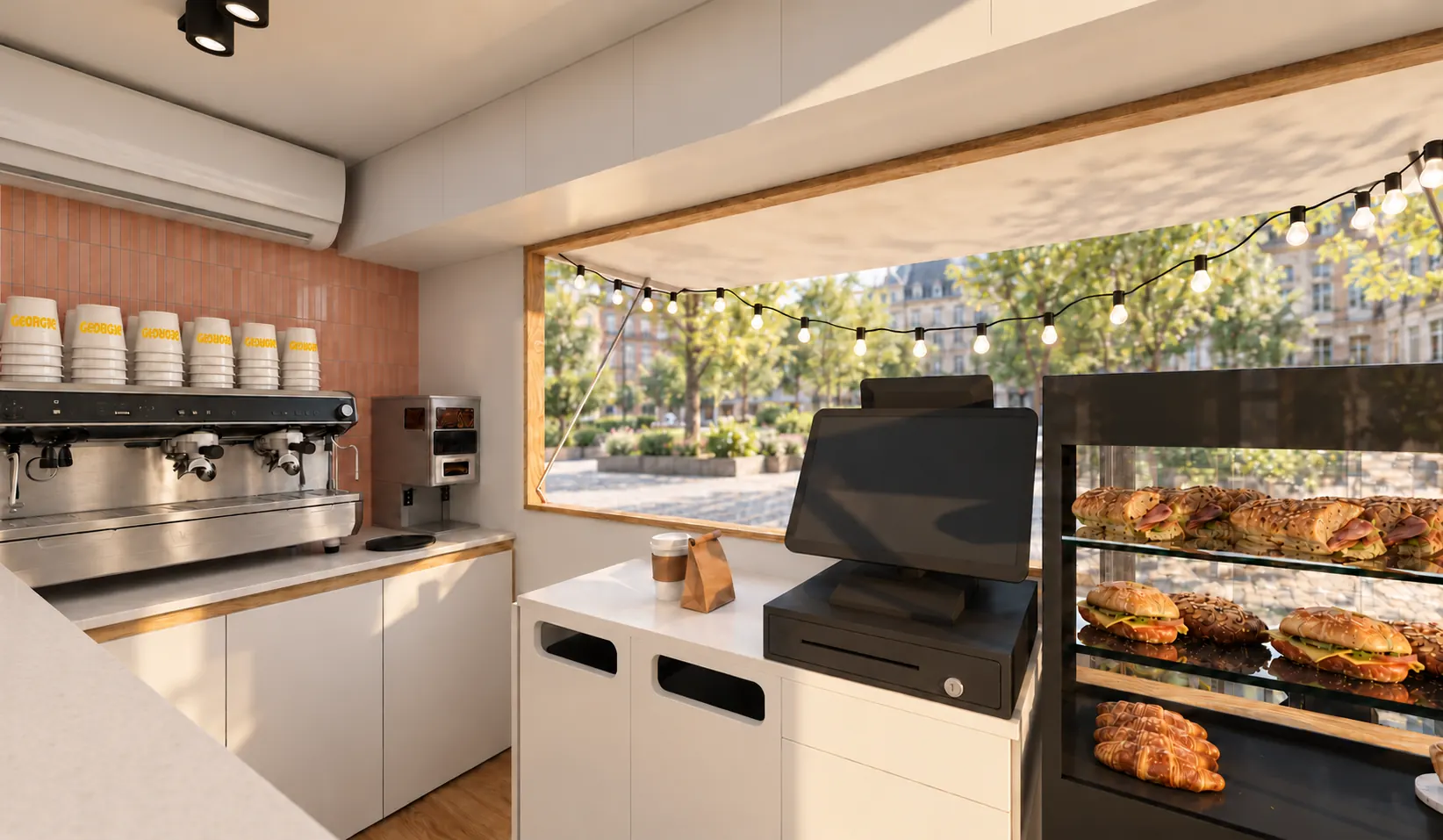 Projection 3D : Espace de vente avec caisse et vitrine du coffee truck Georgie