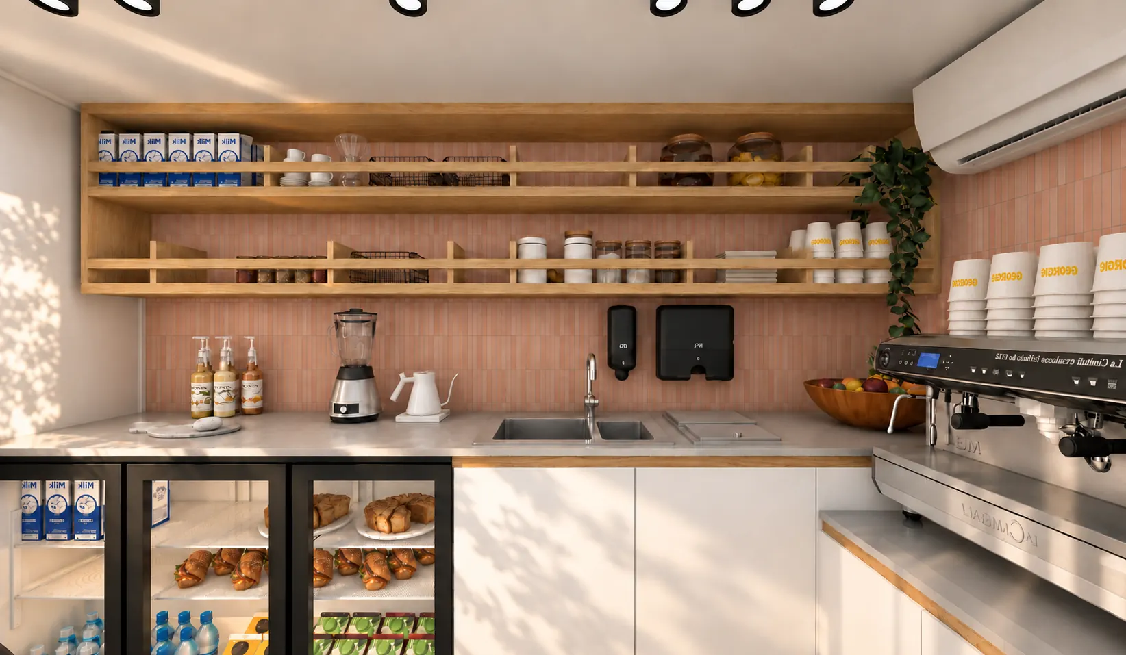 Projection 3D : Rangements, plan de travail et machine à café du coffee truck Georgie
