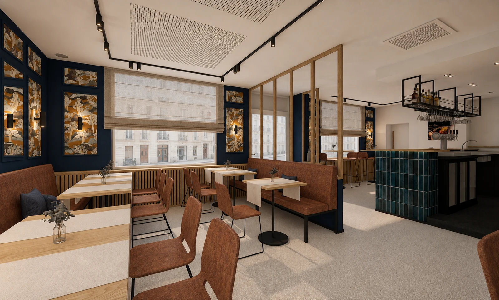 Projection 3D de l’aménagement intérieur du Bistrot Niva