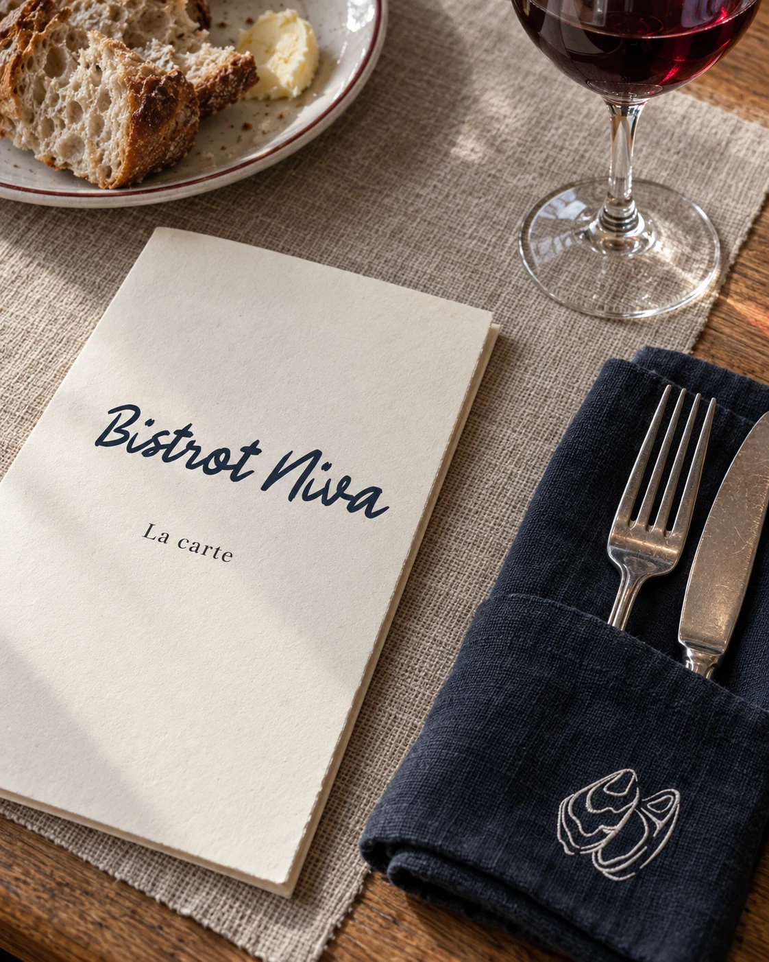 Carte, vaisselle et textile de table du Bistrot Niva