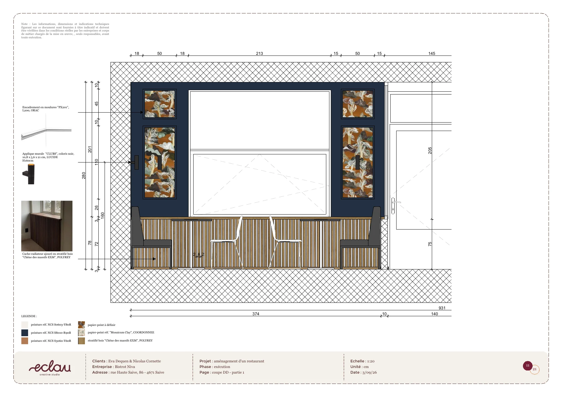 Page d’élaboration détaillant le mur sur mesure du Bistrot Niva