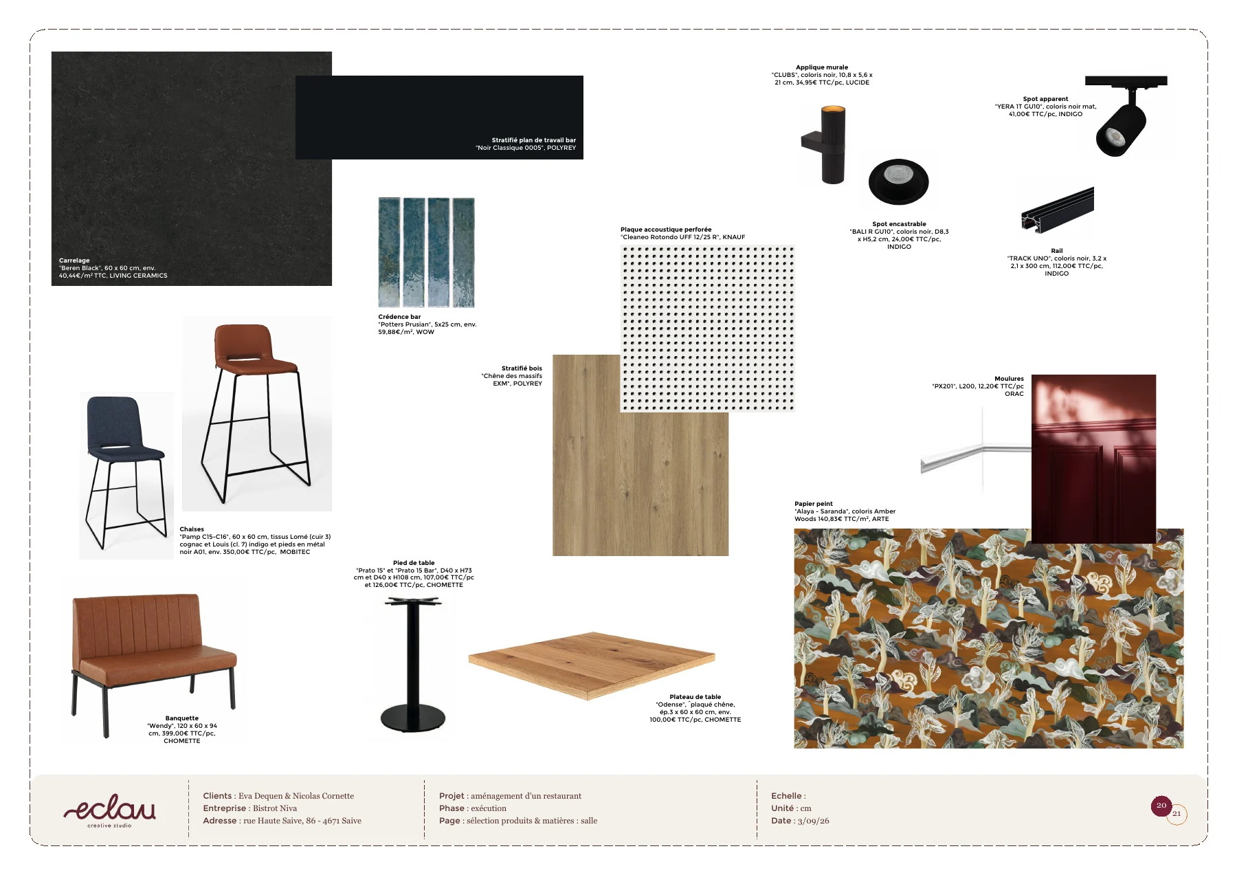 Page de sélection du mobilier, des produits et des matières du Bistrot Niva